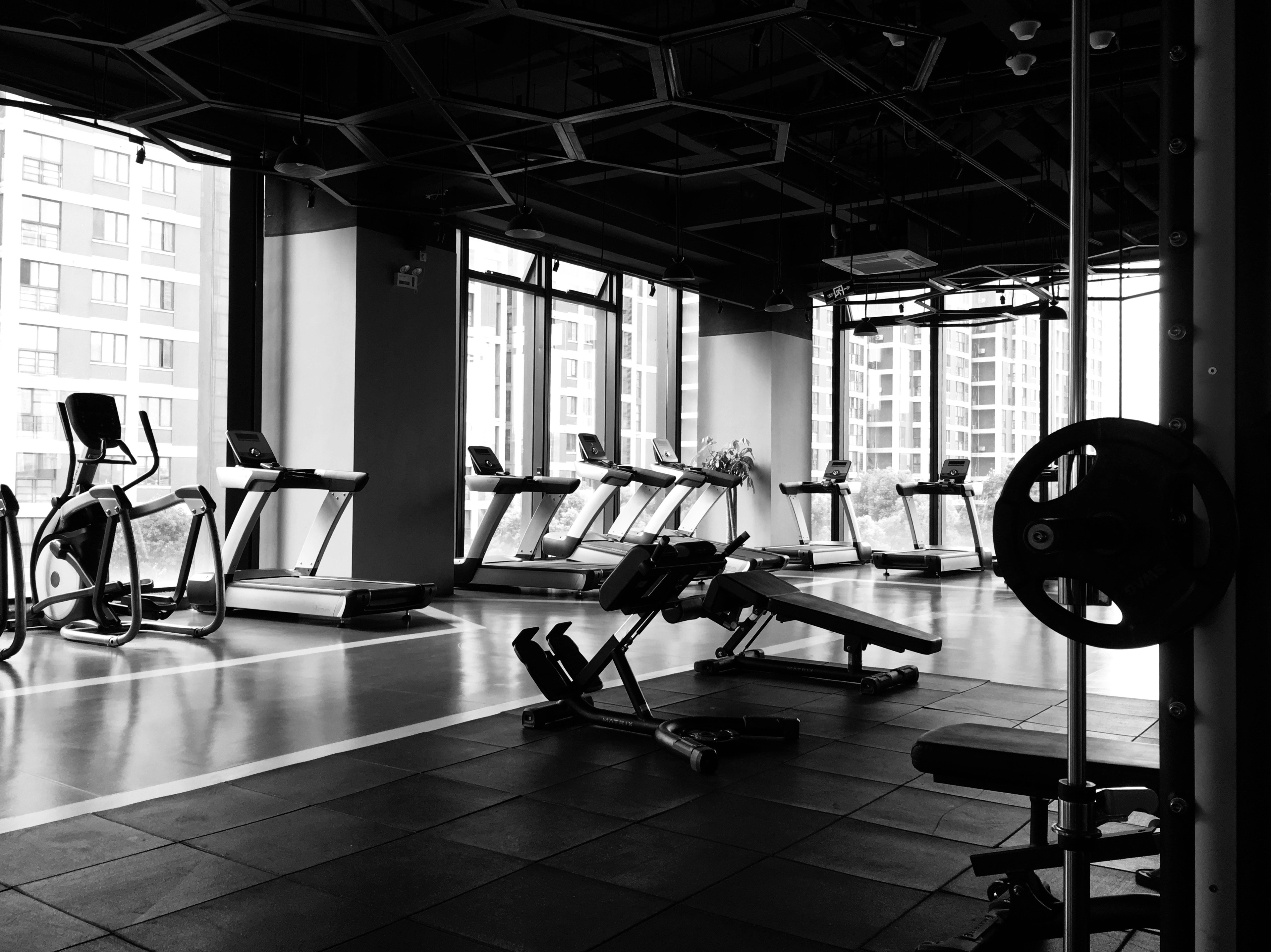 Modern fitness studio interior with cardio equipment and city views